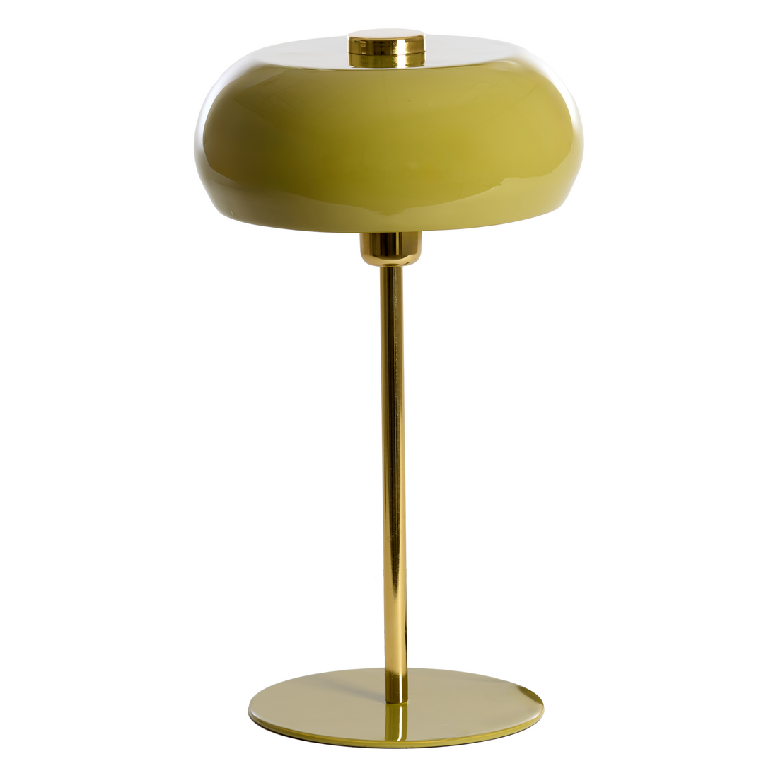 Glänzende olivgrüne Tischleuchte mit goldenem Standfuß.