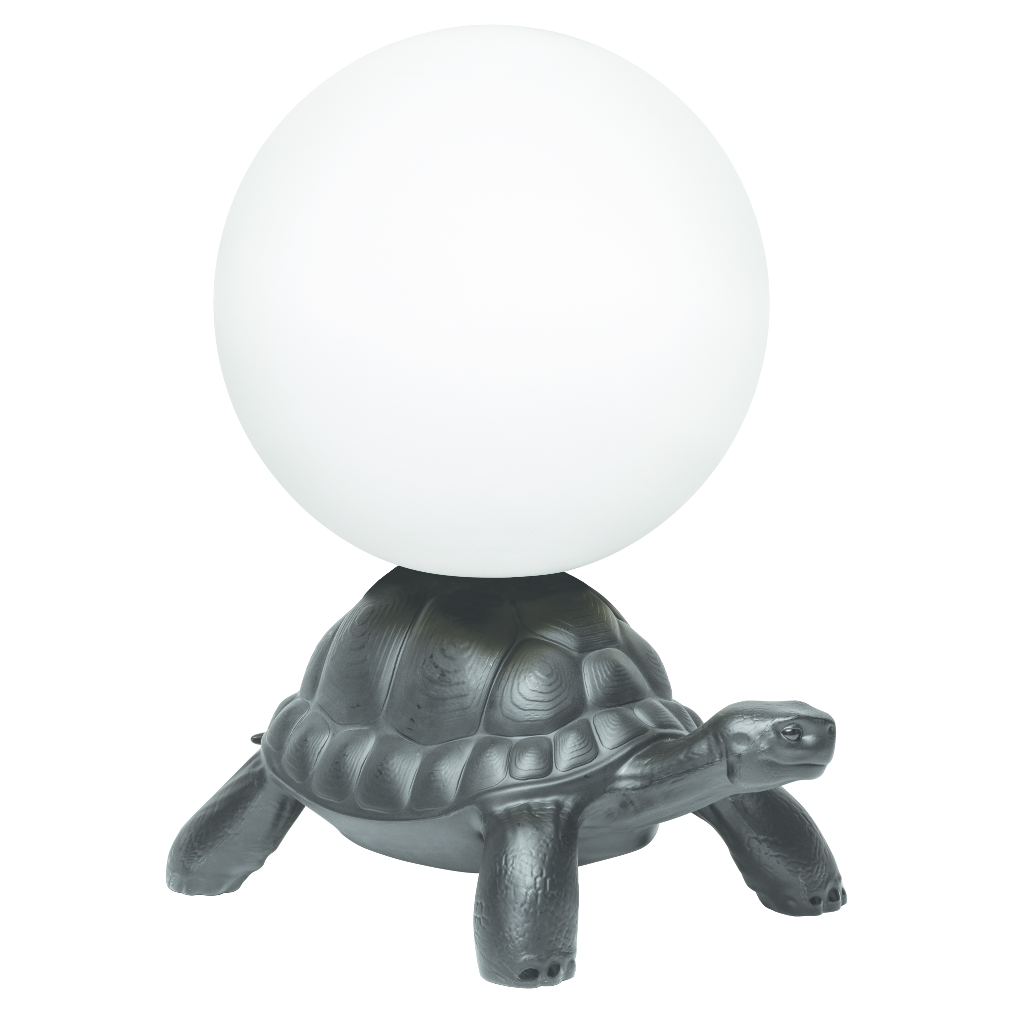 Schwarze TURTLE CARRY Bodenleuchte mit leuchtender Glaskugel auf Schildkröte