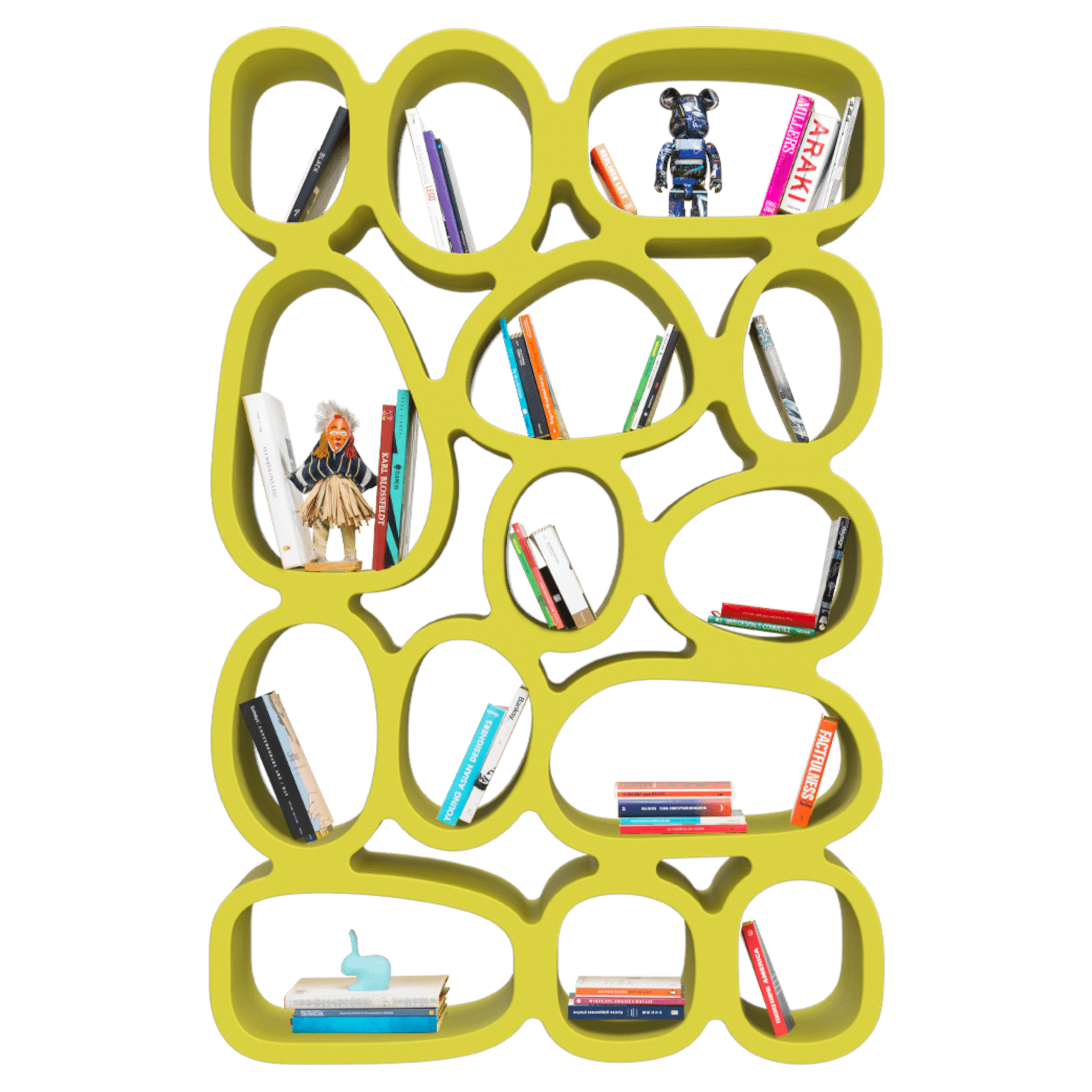 Mustardfarbenes Bücherregal mit organischen Fächern