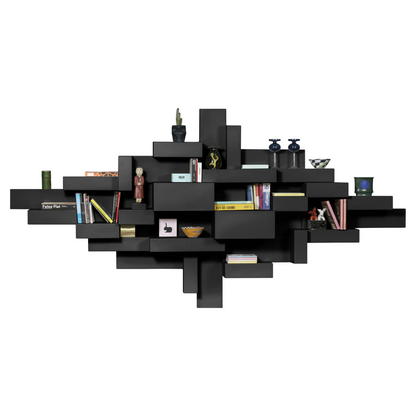 Schwarzes PRIMITIVE Bücherregal mit kantiger, modularer Struktur