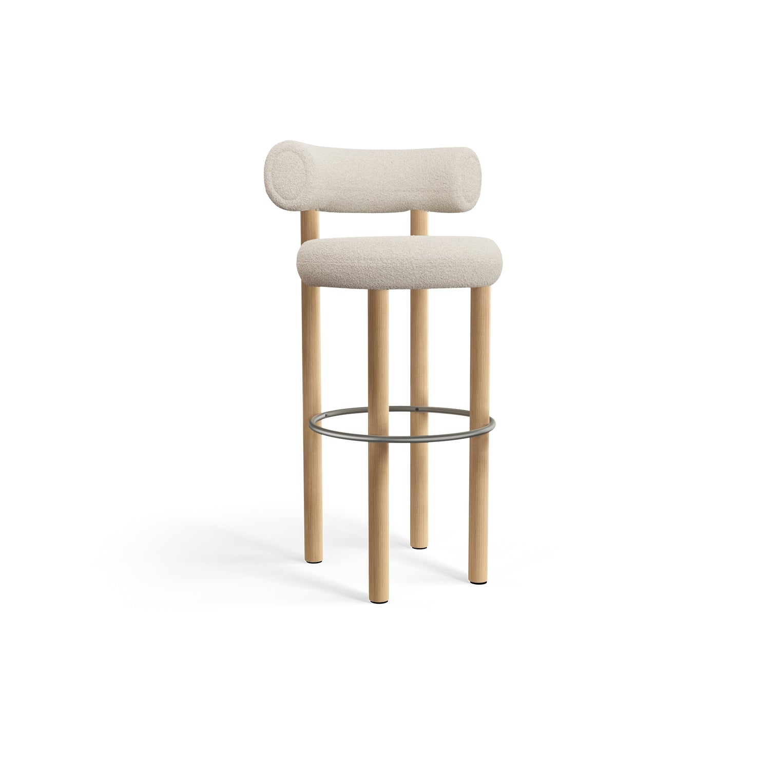 Barhocker Fat 75cm Bar Stool – Natural Wood &amp; Bouclé Bright White von Tom Dixon