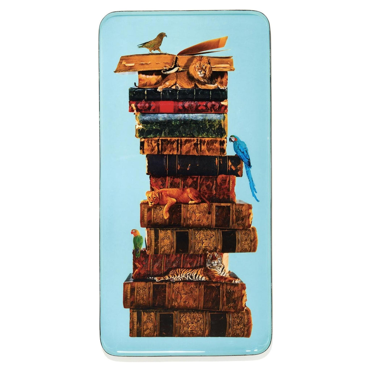 Rechteckiges Gangzai Tablett mit Bücherstapel und Tiermotiven