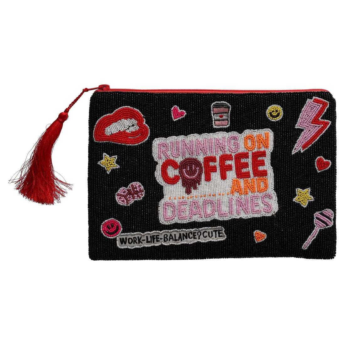 Kosmetiktasche ELODIE XL von GiftCompany in Schwarz mit bunten Coffee und Patches Motiven