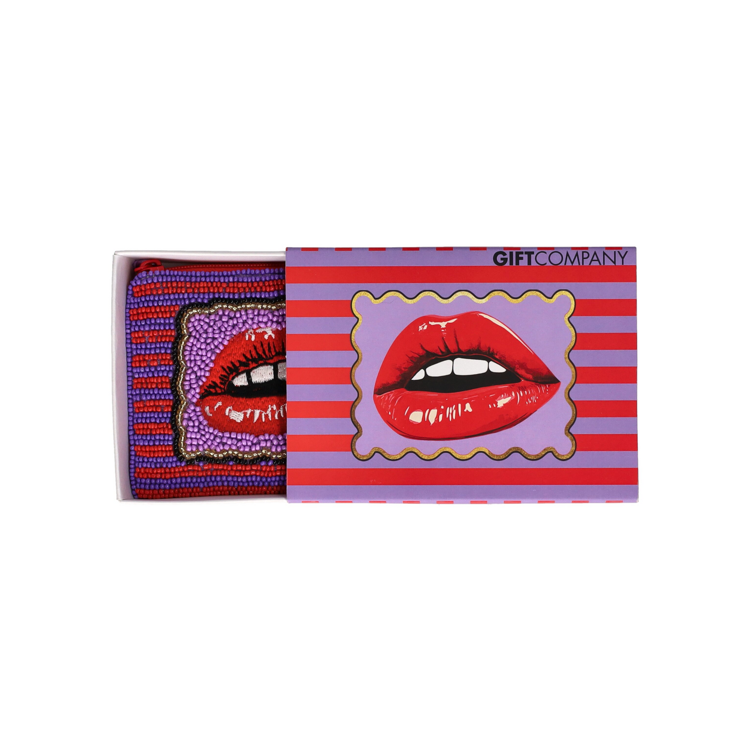Bestickte Kosmetiktasche mit Glasperlen und Lippenmotiv