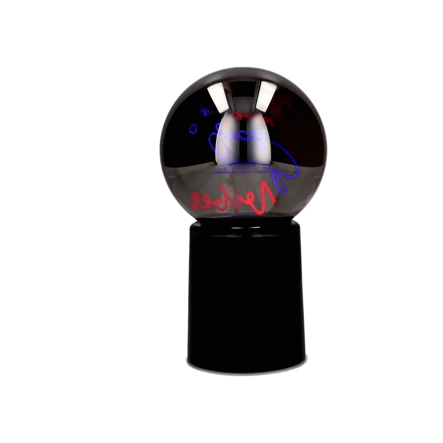 LED-Kugellampe mit schwarzem Sockel und Good Vibes Motiv
