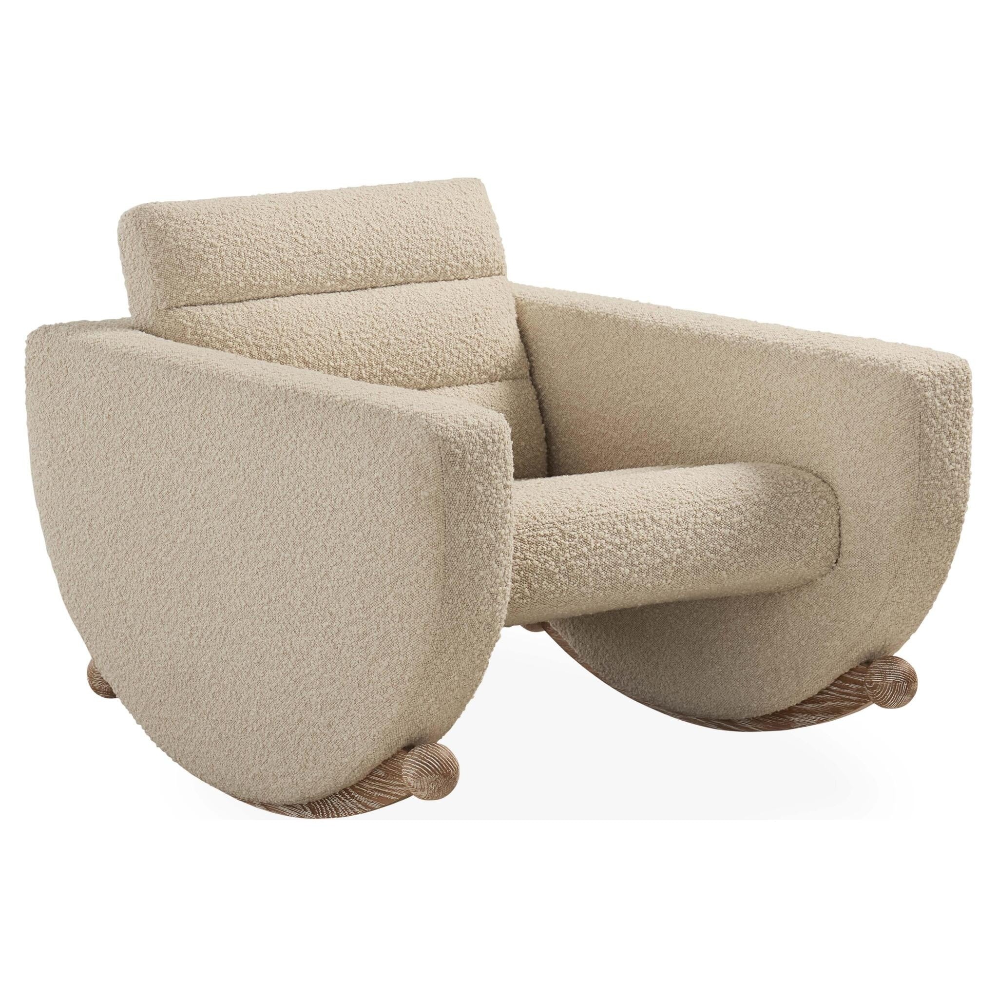 Beiger Bouclé-Sessel mit Holzschaukelgestell