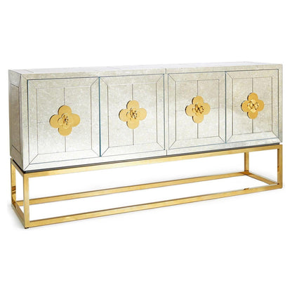 Spiegelndes Sideboard mit goldenen Quaterfoil-Griffen und blauem Innenraum