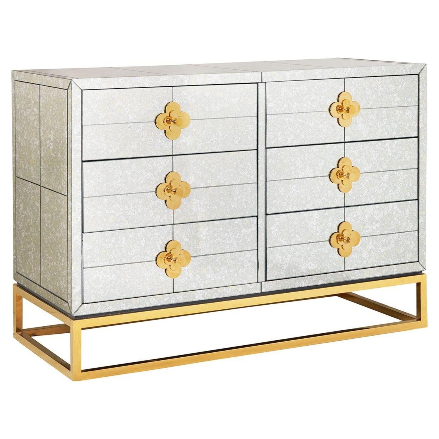 Spiegelkommode mit sechs Schubladen und goldenen Quaterfoil-Griffen