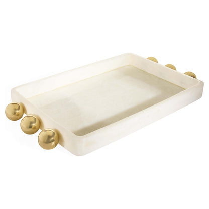 Rechteckiges Fontana Tablett in warmem Weiß mit dekorativen Messingkugeln