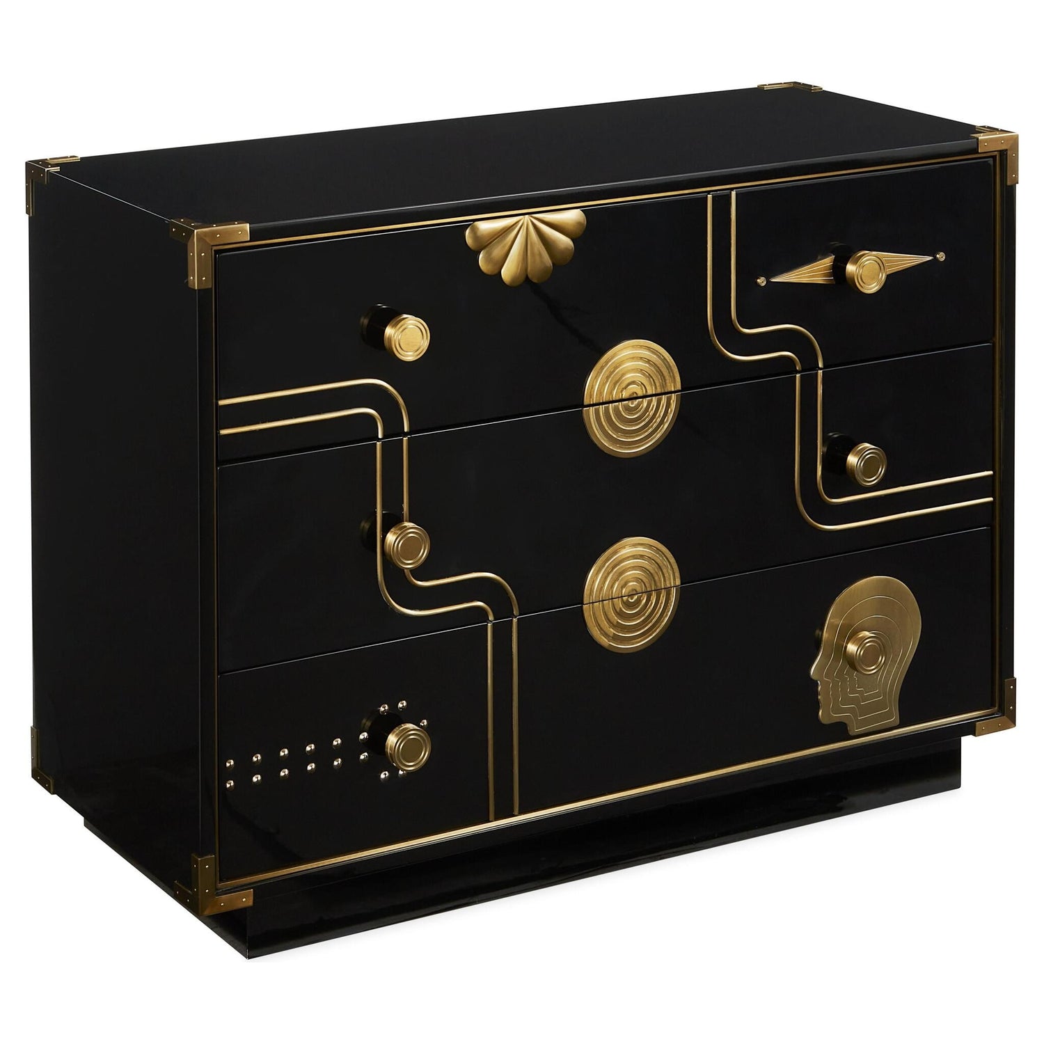 Schwarze Kommode mit dekorativen goldenen Messingapplikationen