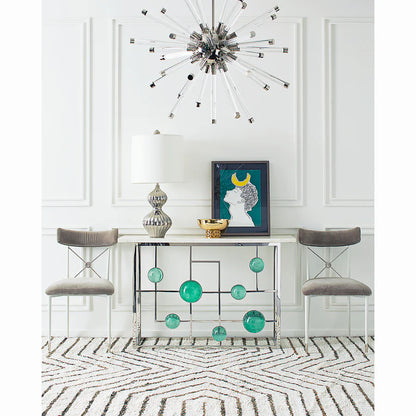 Globo Fretwork Console mit Nickelrahmen und smaragdgrünen Acrylkugeln