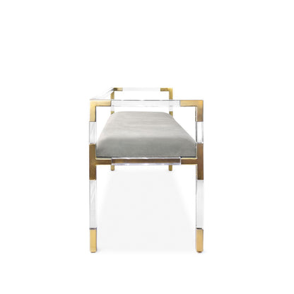 Elegante Sitzbank aus Acryl und gebürstetem Messing mit grauer Sitzfläche