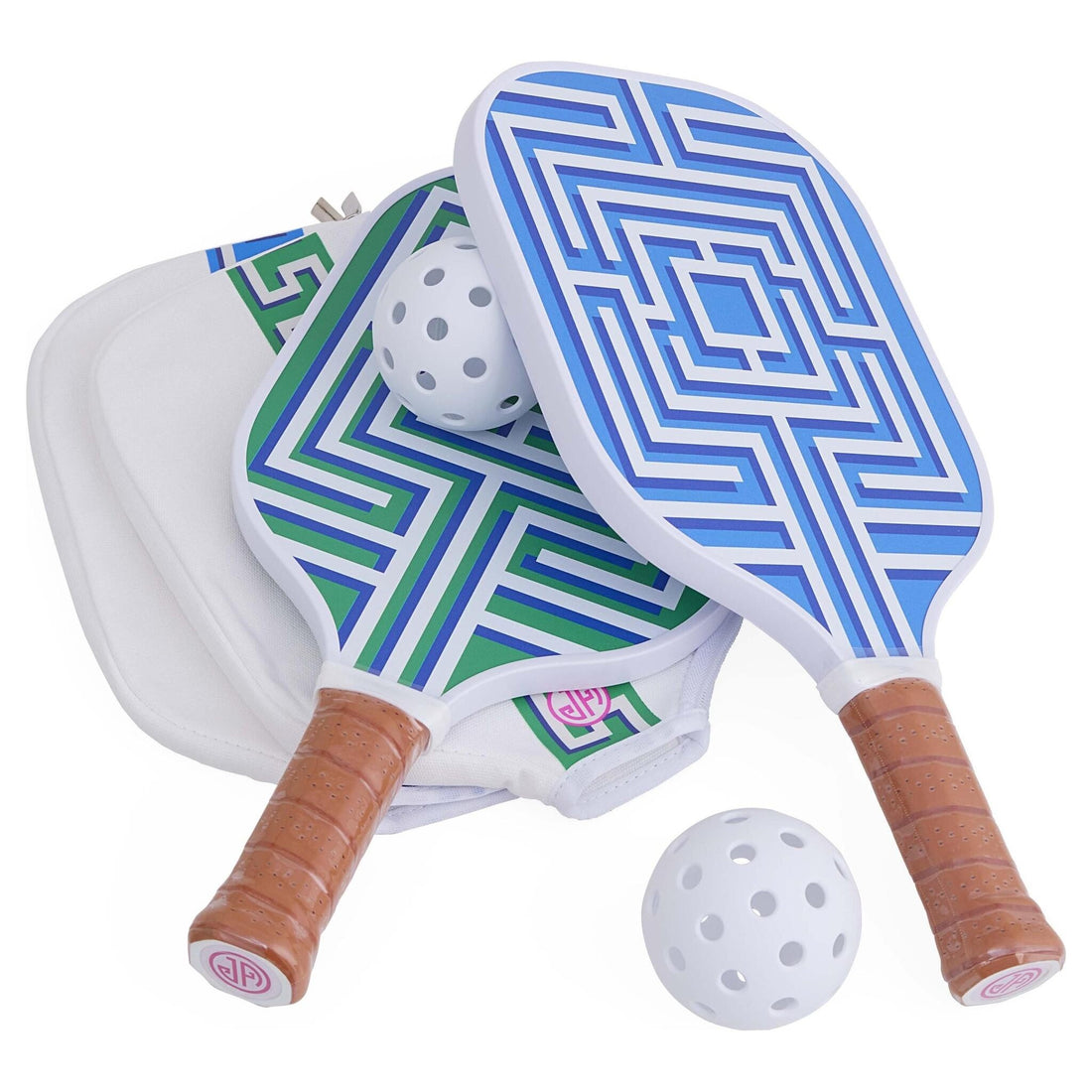 Pickleball-Schläger mit blauem Labyrinth-Muster und Ledergriff