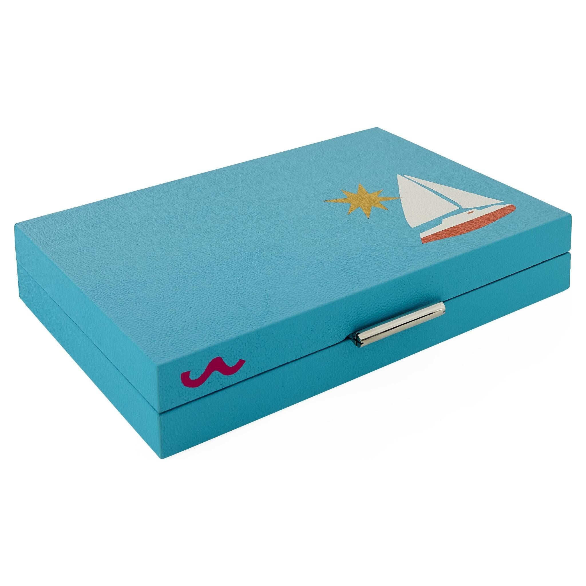 Türkises Leder Backgammon Set mit Segelbootmotiv