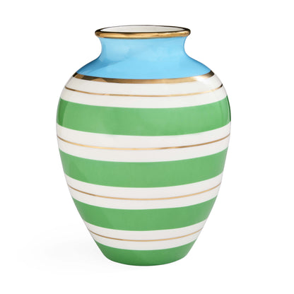 Gestreifte Designvase aus Porzellan mit Goldakzenten