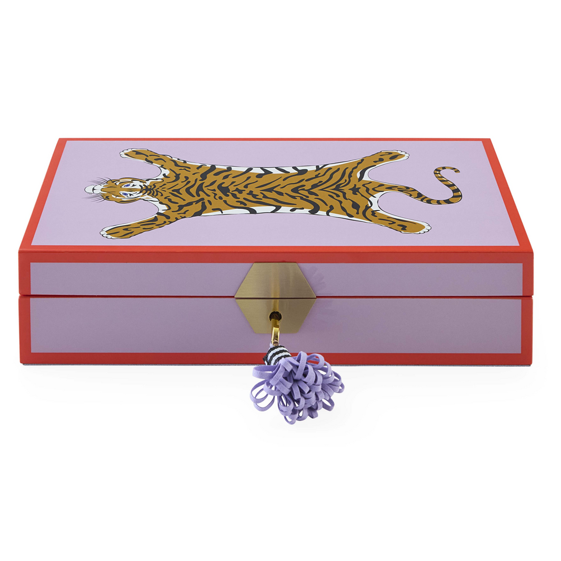 Schmuckbox aus Lavendellack mit Tigerdesign und Messingdetail