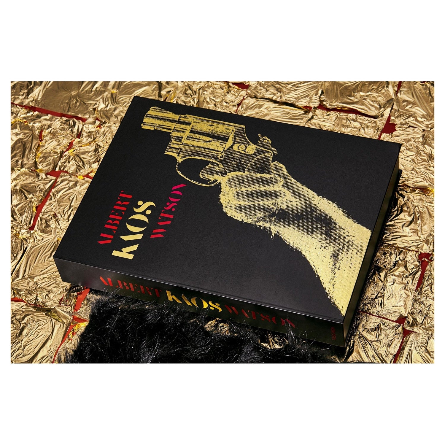 Blick auf geöffnete Albert Watson Kaos Schlagkassette mit Sammlerbuch