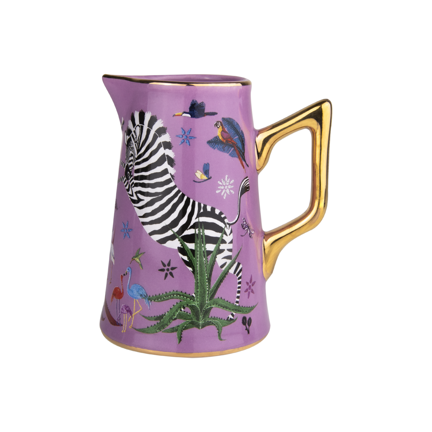 Seitenansicht der Mini-Karaffe Jug Ceramic Small Pink mit Jungle-Motiv und Goldhenkel