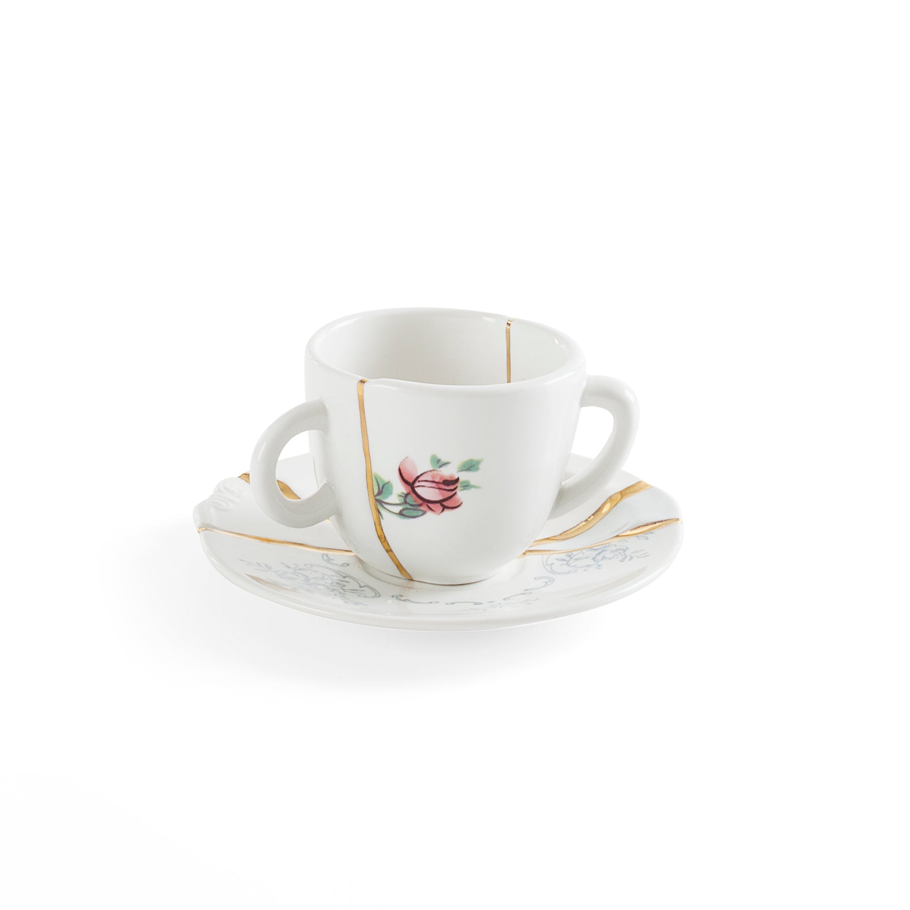 Kintsugi Kaffeetasse mit Unterteller mit Goldverzierung