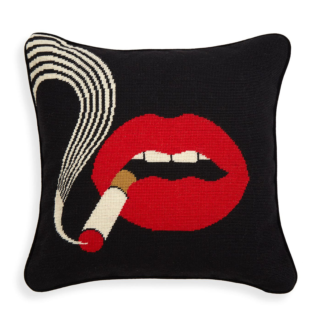 Wollkissen mit Lippenmotiv auf schwarzem Hintergrund von Jonathan Adler