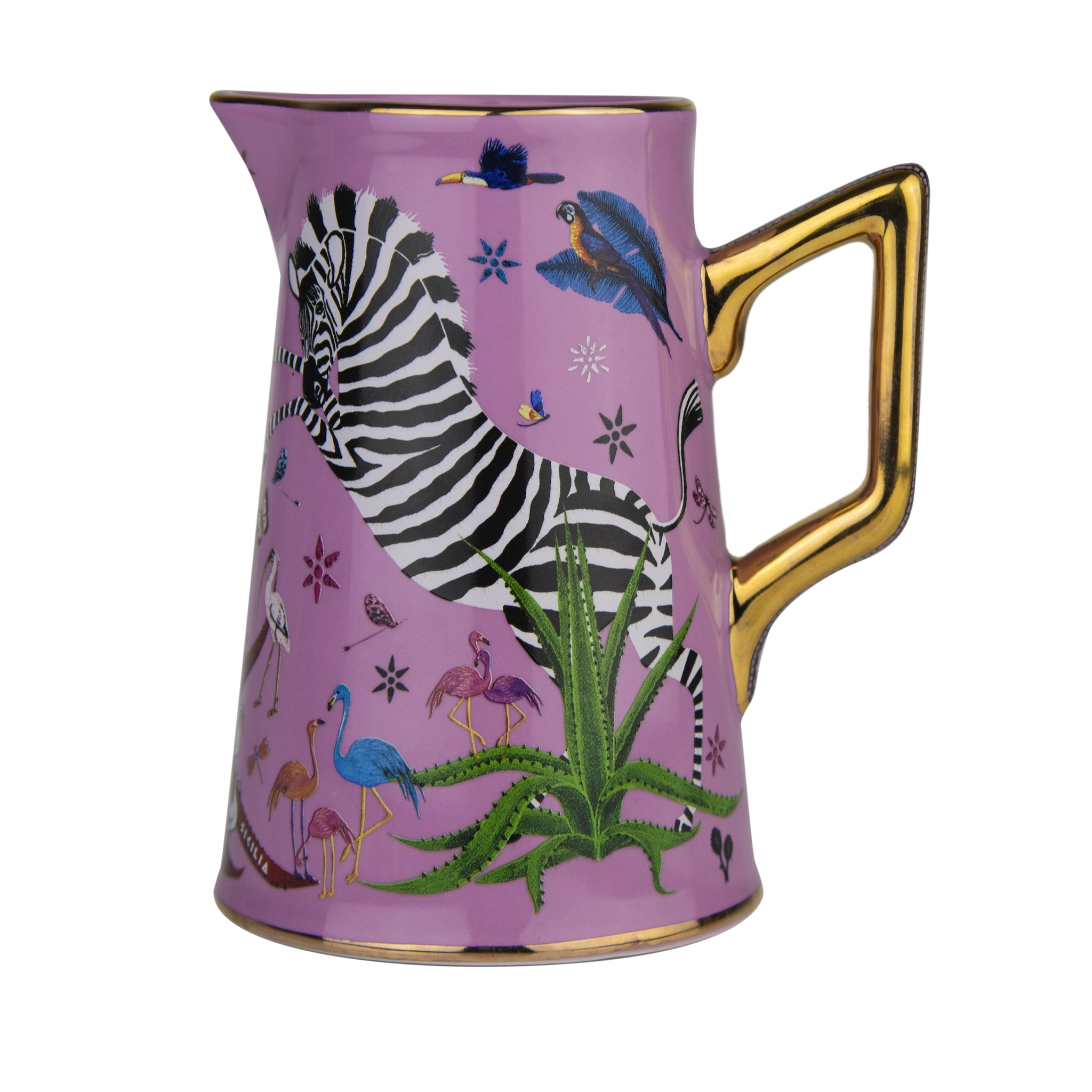 Handgefertigte Keramik-Karaffe mit Jungle-Motiv in Pink