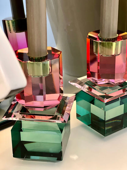 Portavelas de cristal AURORA en Verde Azulado/Rosa Claro/Rosa Ombre