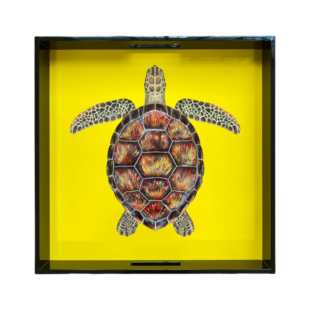 Lacktablett SCHILDKRÖTE  gelb handbemalt quadratisch 46x46cm