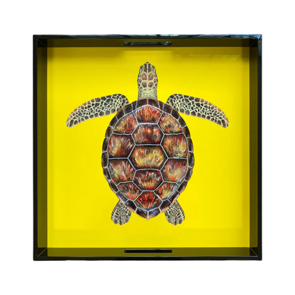 Lacktablett SCHILDKRÖTE  gelb handbemalt quadratisch 46x46cm