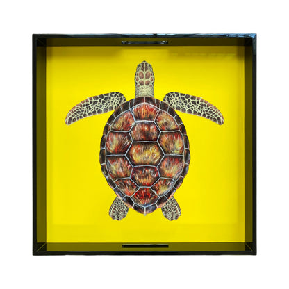 Lacktablett SCHILDKRÖTE  gelb handbemalt quadratisch 46x46cm