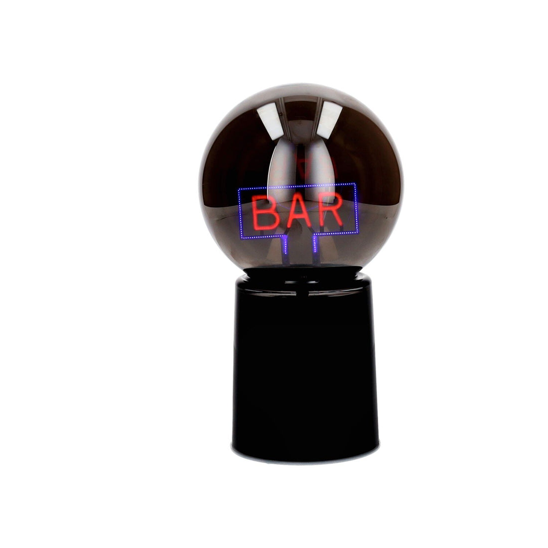 LED-Leuchtkugel mit BAR-Schriftzug auf schwarzem Sockel