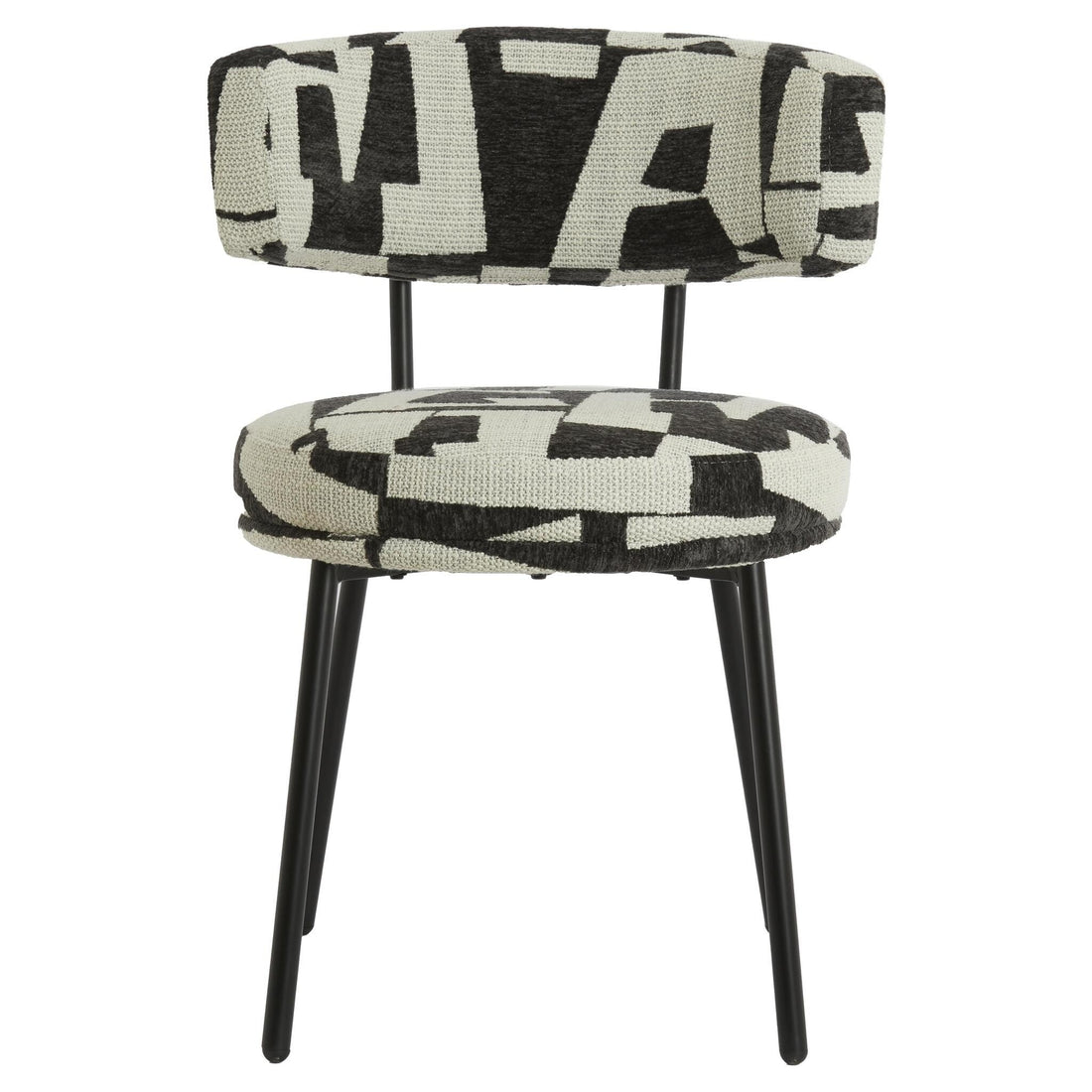 Moderner Esszimmerstuhl mit gemustertem Stoffbezug und schwarzem Metallgestell