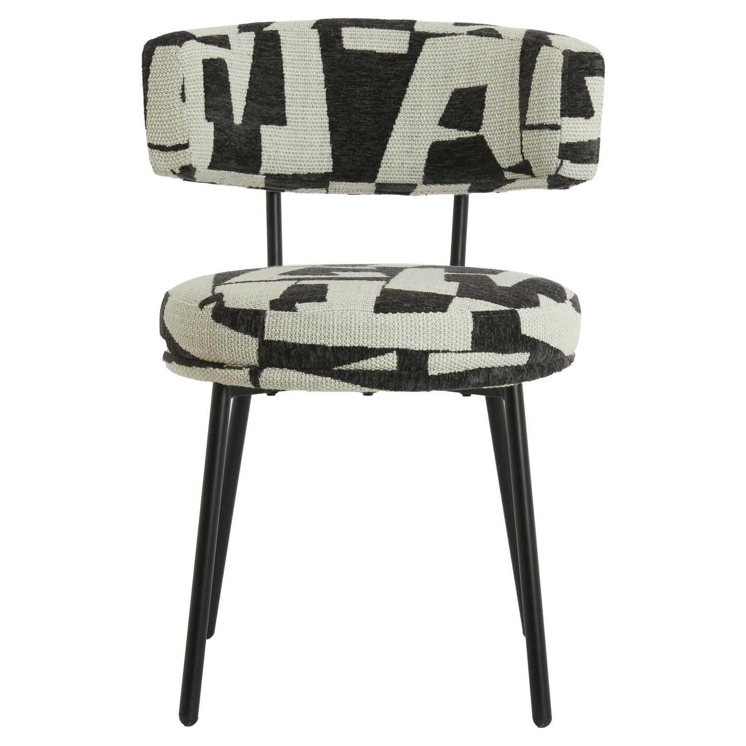 Moderner Esszimmerstuhl mit gemustertem Stoffbezug und schwarzem Metallgestell