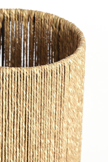Zylindrische Tischleuchte in Naturbraun mit Jute-Optik