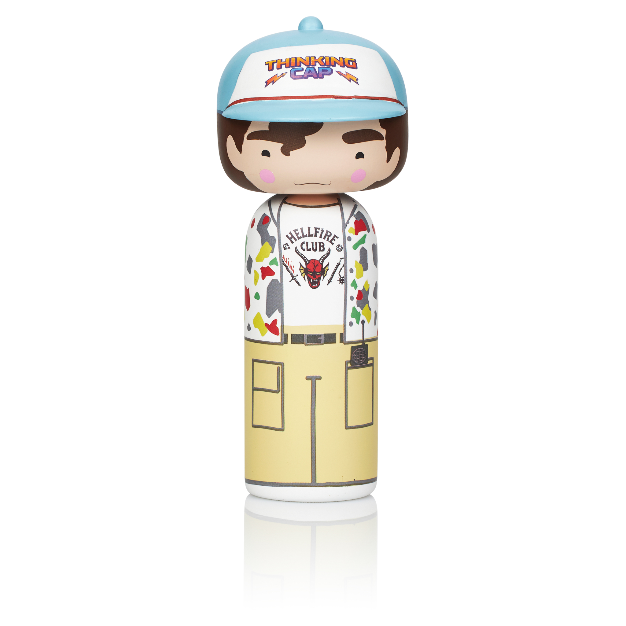Dustin-Henderson-Kokeshi-Puppe mit Thinking Cap und Hellfire-Shirt von Lucie Kaas