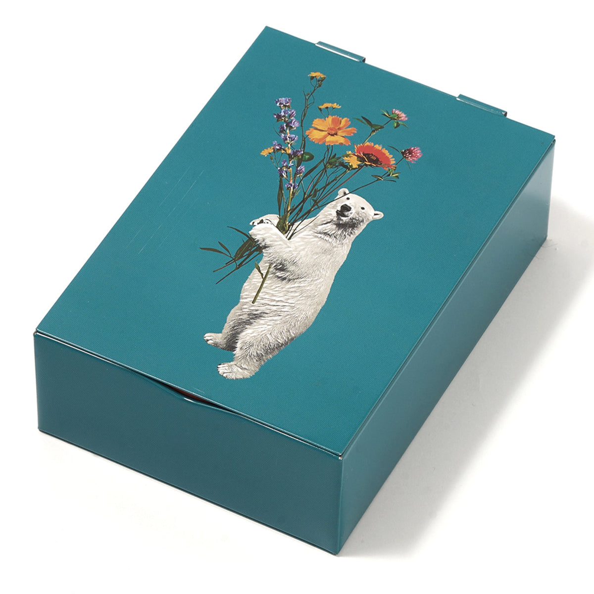 Rechteckige Metallbox mit Eisbär und buntem Blumenstrauß