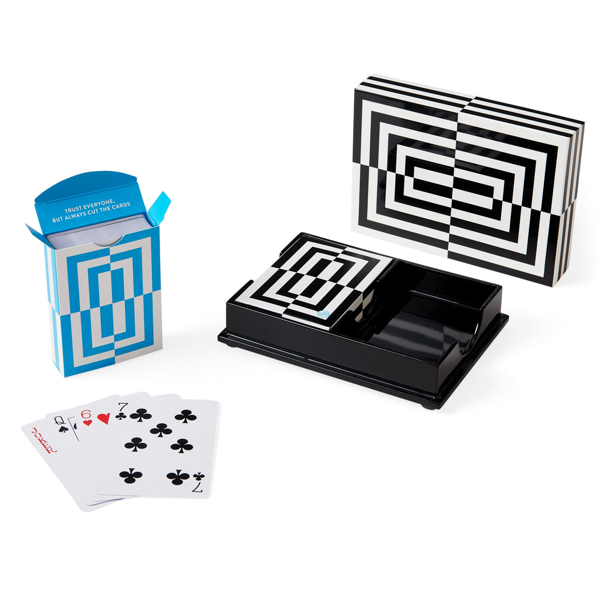 Modernes Kartenset in grafischer Op-Art-Lackbox von Jonathan Adler