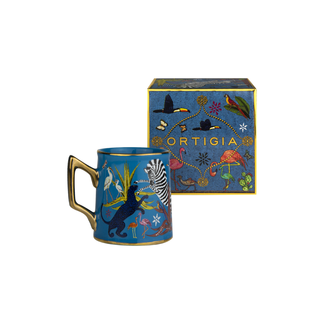 Kleine blaue Espressotasse mit goldverziertem Jungle-Design von Ortigia Sicilia