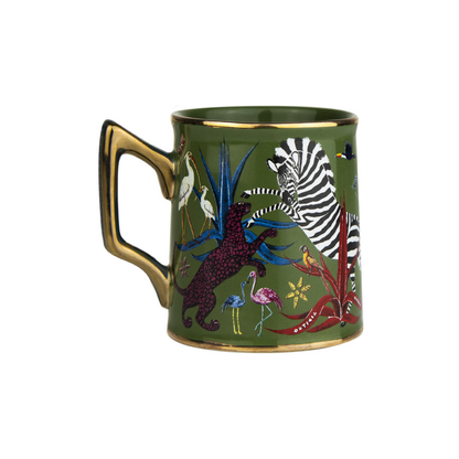 Dschungel-Design mit Zebras, Vögeln und Pflanzen auf Keramiktasse