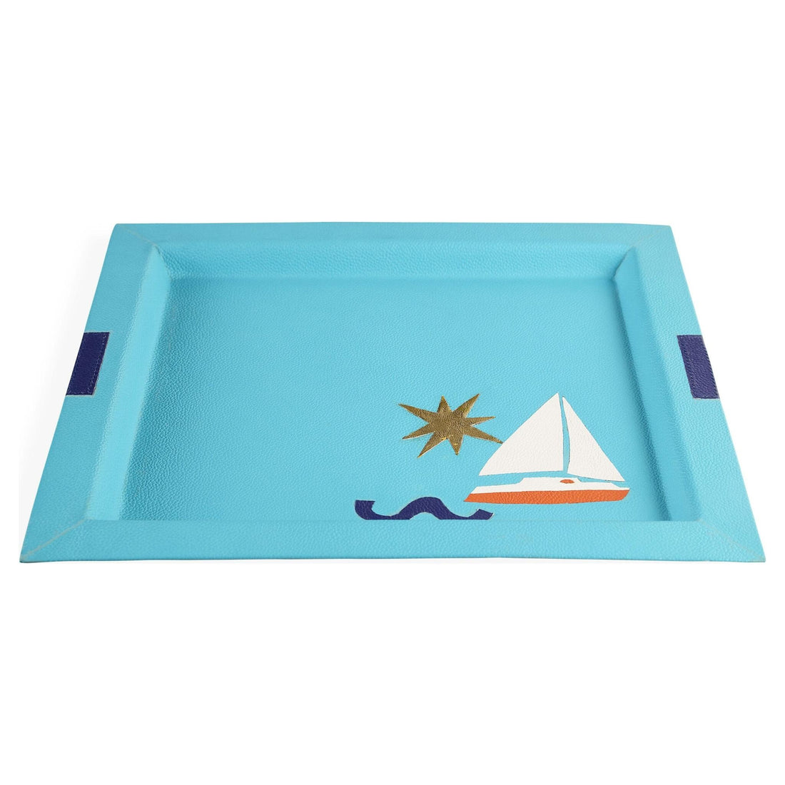 Türkises Designer-Tablett mit Segelboot und Stern-Detail von Jonathan Adler