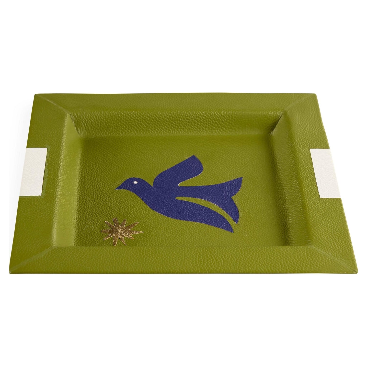Leder-Tablett in Grün mit blauem Vogel und Goldstern