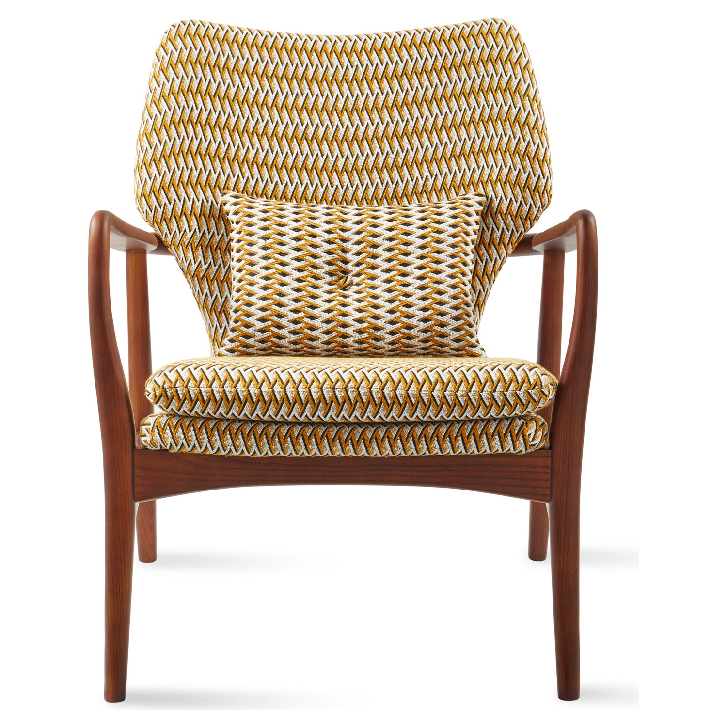 Polspotten Sessel mit gelb-braunem Stoff und elegantem Holzrahmen