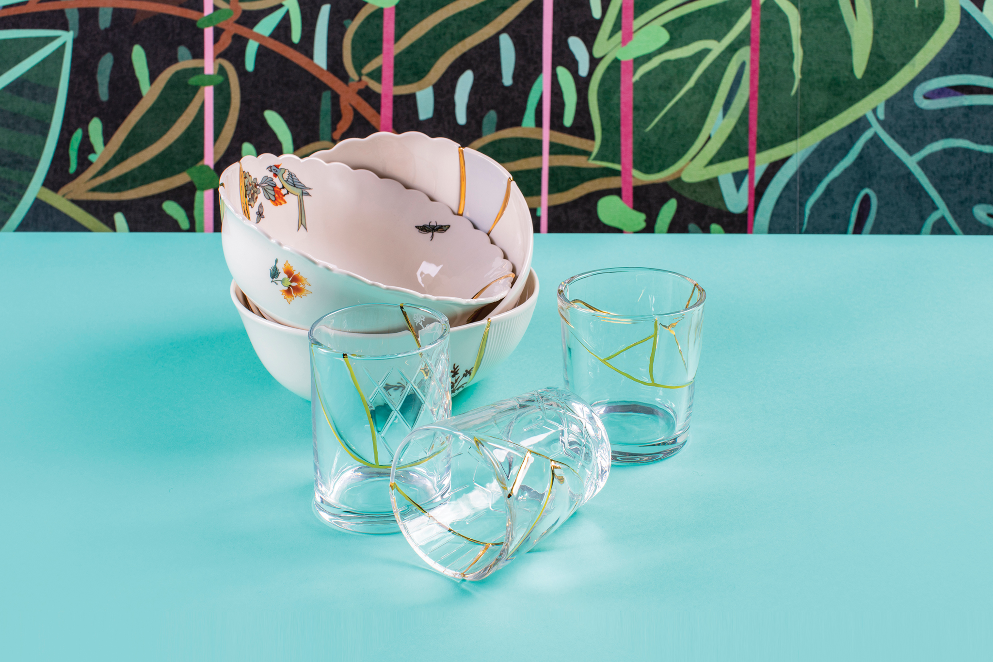 Design Salatschüssel und Trinkgläser Kintsugi für elegantes Tischambiente