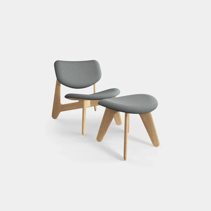 Minimalistischer Slab Natural Wood Lounge Sessel von Tom Dixon aus gebürsteter Eiche mit grauem Stoffbezug im Wohnbereich