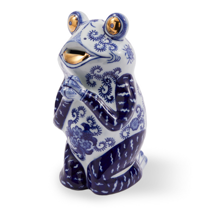 Porzellan-Spardose in Froschform mit blau-weißem Blumenmuster