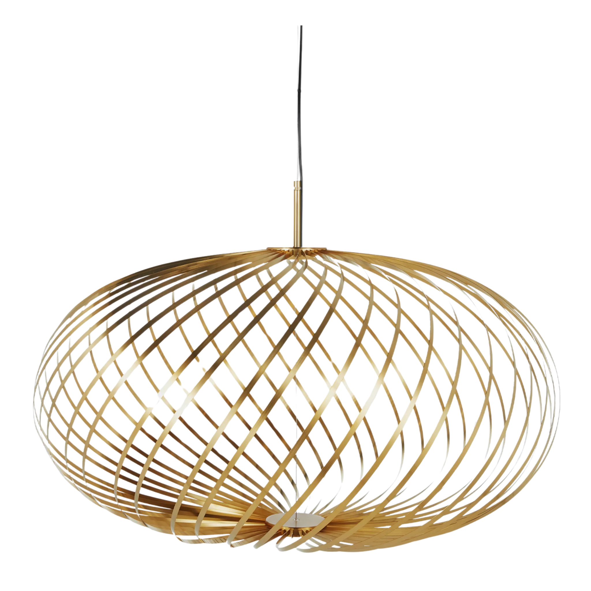 Skulpturale Spring Medium Pendelleuchte von Tom Dixon aus poliertem Messing mit flexibler, expandierbarer Form und LED Beleuchtung im modernen Raum