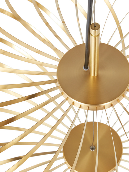Moderne Spring Medium Design Pendelleuchte von Tom Dixon in poliertem Messing, leicht zusammengezogen mit sichtbarer LED Scheibe