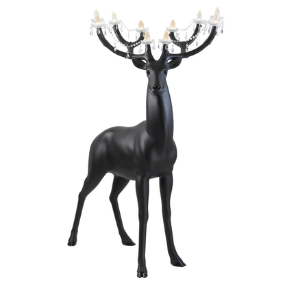 Schwarze SHERWOOD Stehleuchte in Hirschform mit Geweih-Leuchtern und Kristallakzenten