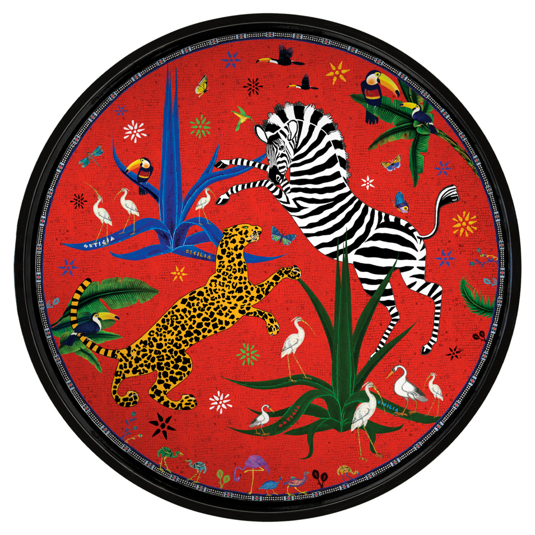 Handgefertigtes Tablett Tray Jungle Red mit exotischem Jungle-Motiv von Ortigia Sicilia