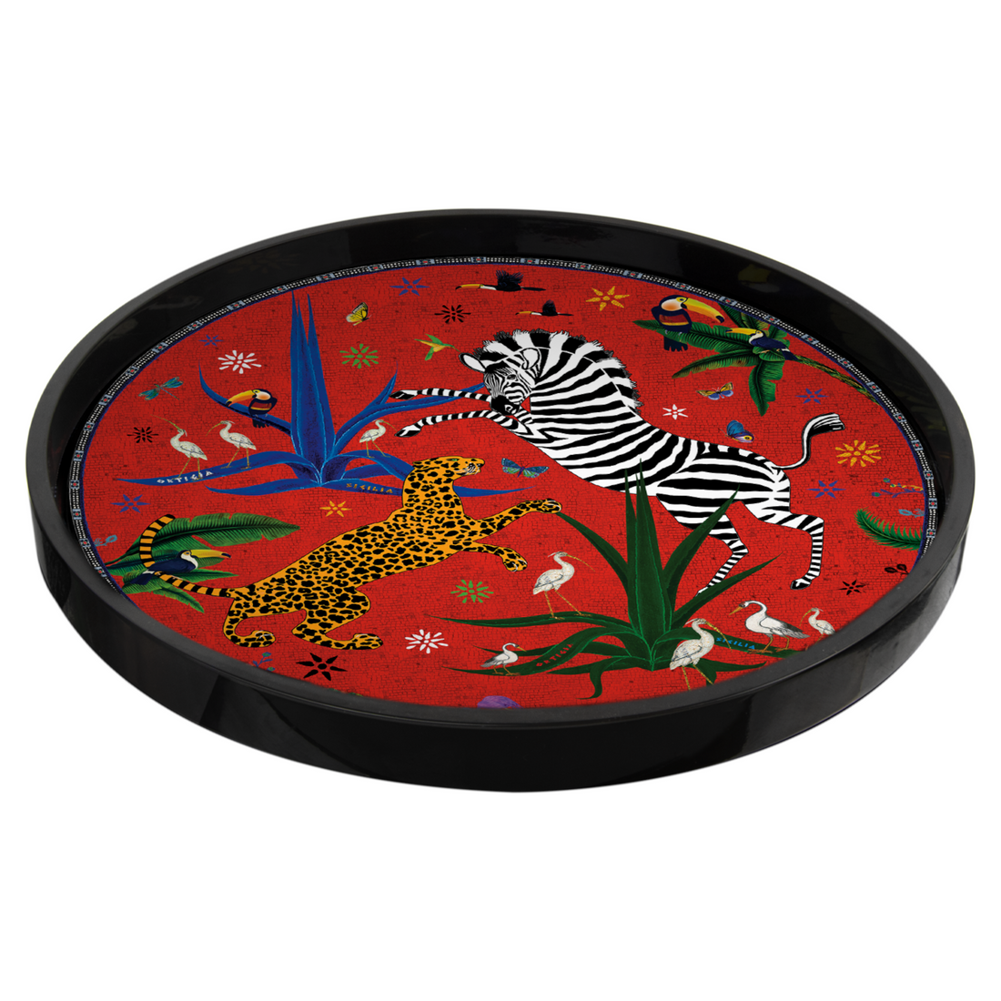 Serviertablett Tray Jungle Red mit Zebra, Leopard und tropischen Pflanzen von Ortigia Sicilia