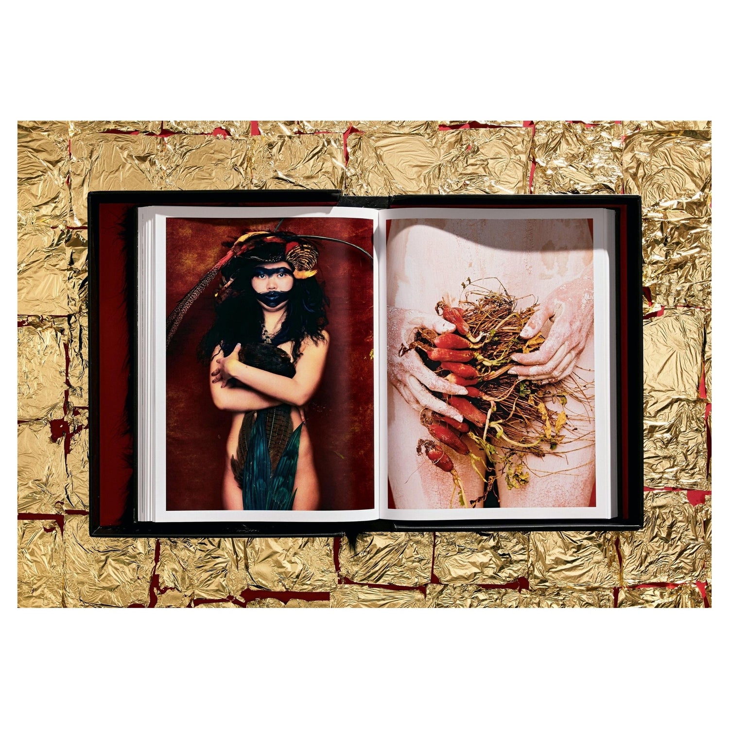 Goldfarbene Strukturflächen hinter dem aufgestellten KAOS Buch.